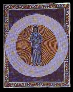 German Mystic Hildegard von Bingen (1098-1179): True Trinity in True Unity, ca. 1165 (parchment), taken from Codex Scivias.